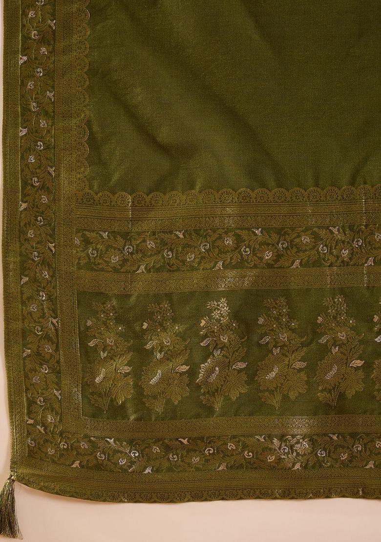 Green Woven Design Chanderi Anarkli Sets - Indya