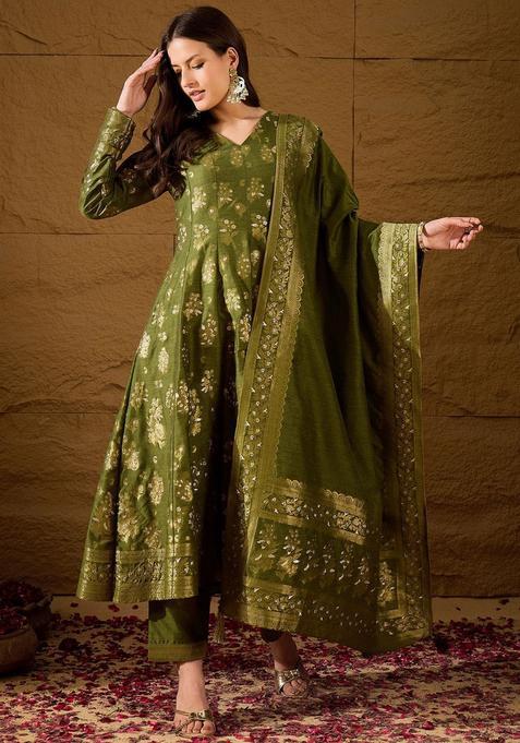 Green Woven Design Chanderi Anarkli Sets