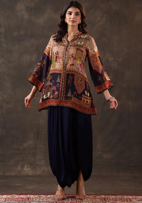 Navy Blue Self Design Liva Kurta Sets