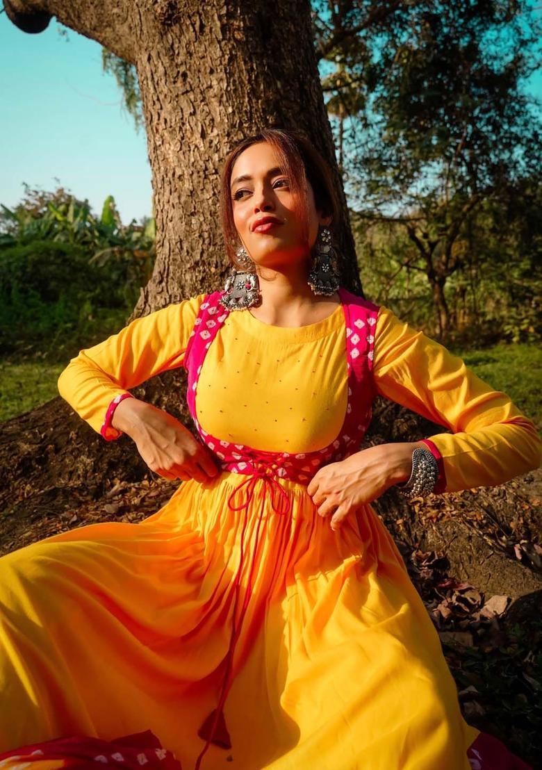 Yellow Printed Cotton Anarkli Sets - Indya