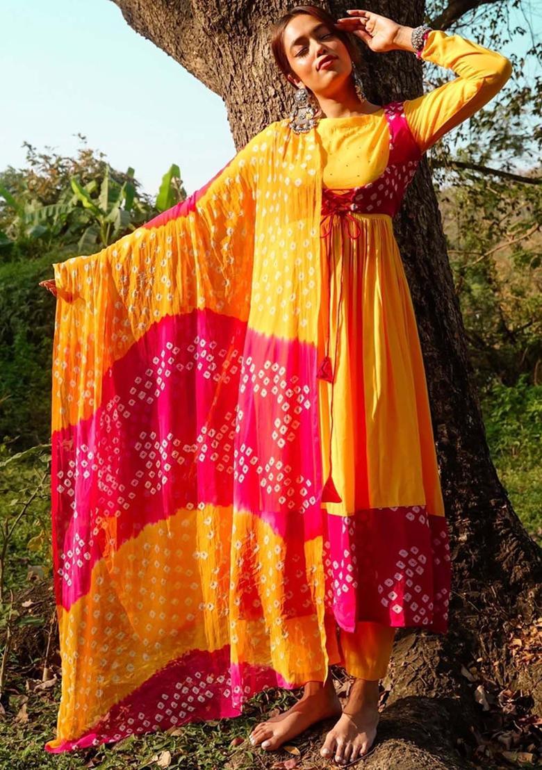 Yellow Printed Cotton Anarkli Sets - Indya