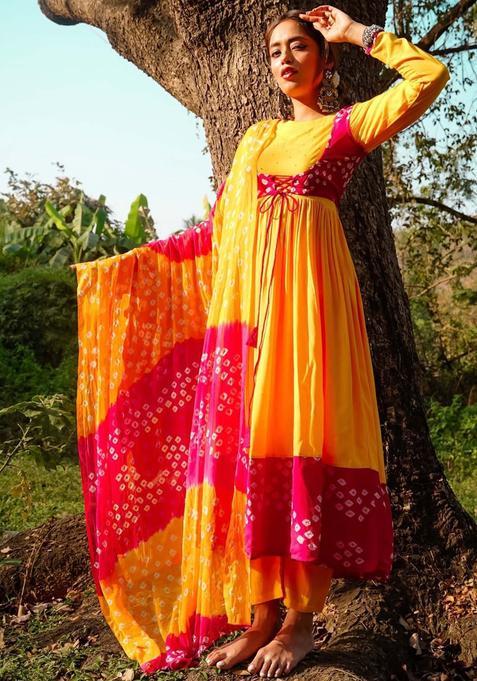 Yellow Printed Cotton Anarkli Sets