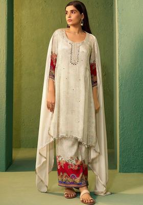 Off White Embroidered Silk Blend Anarkli Sets