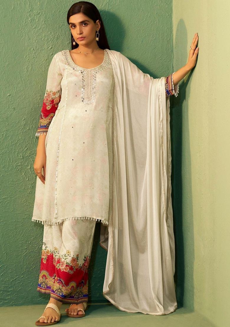 Off White Embroidered Silk Blend Anarkli Sets - Indya