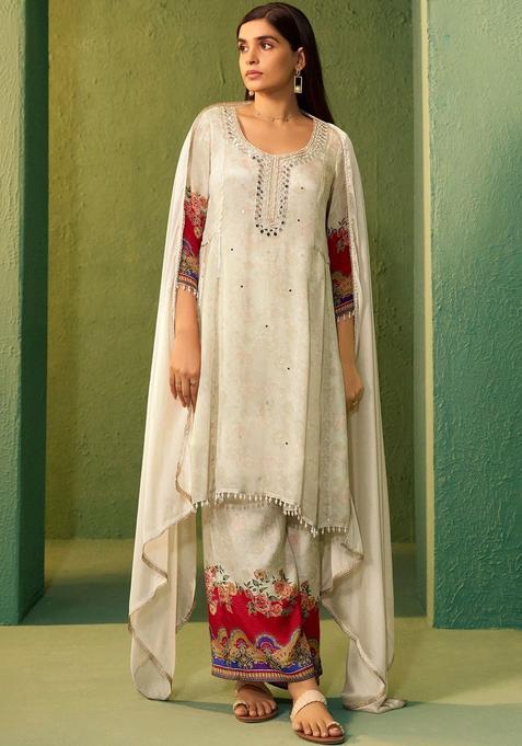 Off White Embroidered Silk Anarkli Sets
