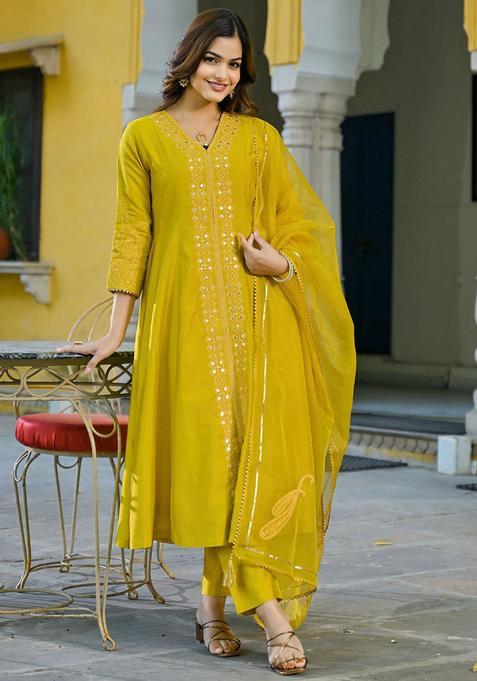 Yellow Embroidered Silk Kurta Sets