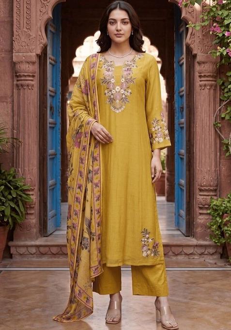 Yellow Embroidered Cotton Kurta Sets