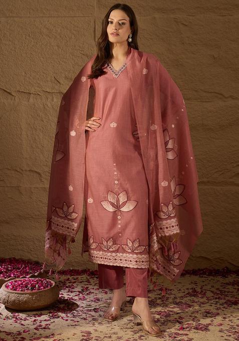 Mauve Woven Design Chanderi Kurta Sets