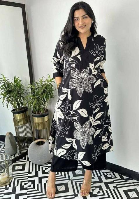 Black Printed Cotton Kurta Sets
