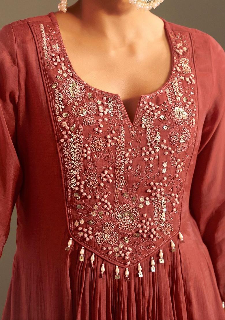 Brown Embroidered Silk Blend Anarkli Sets - Indya