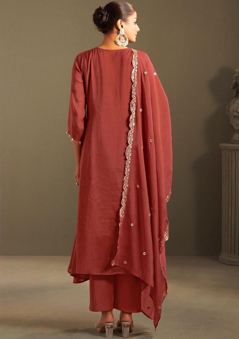 Brown Embroidered Silk Blend Anarkli Sets - Indya