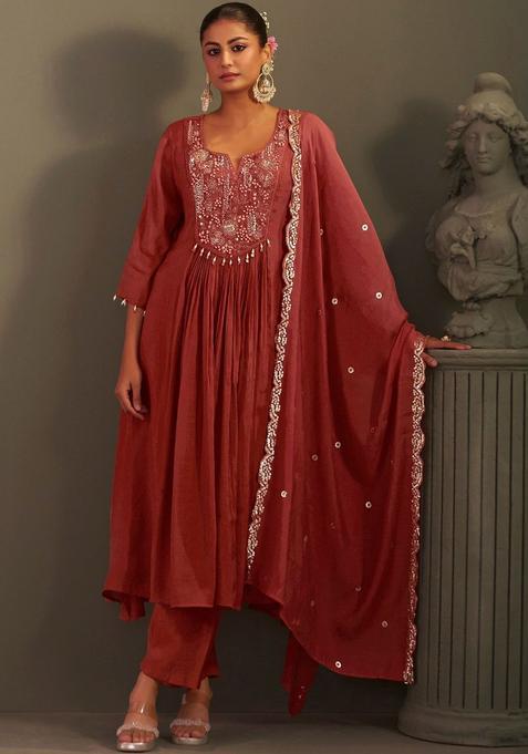 Brown Embroidered Silk Anarkli Sets