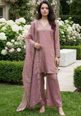 Pink Embroidered Silk Blend Kurta Sets