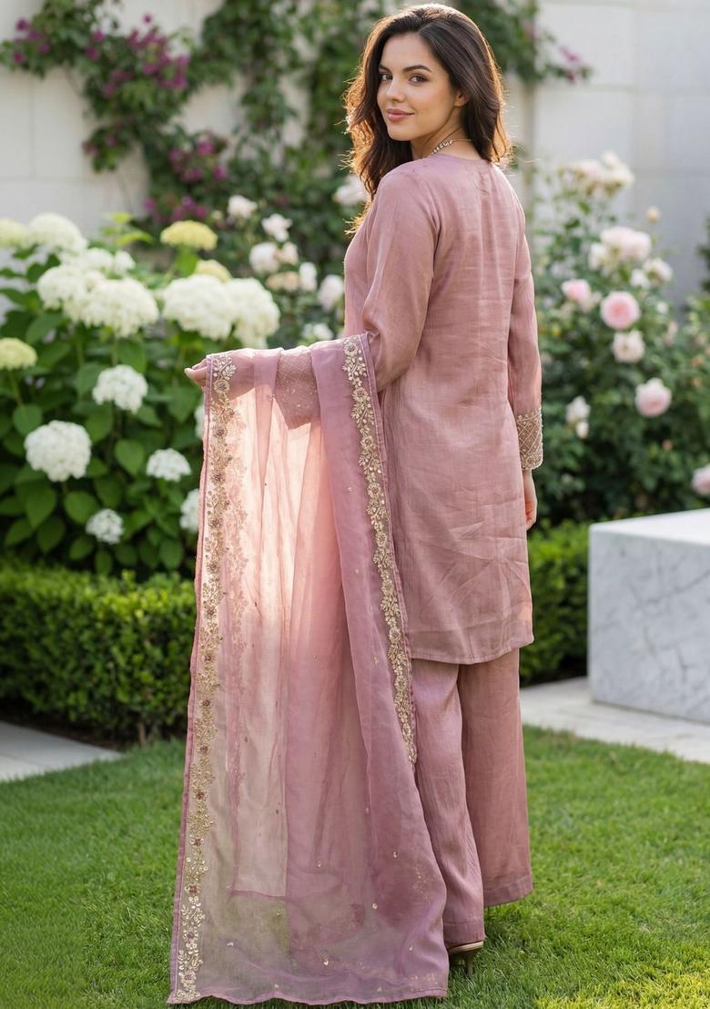 Pink Embroidered Silk Blend Kurta Sets - Indya