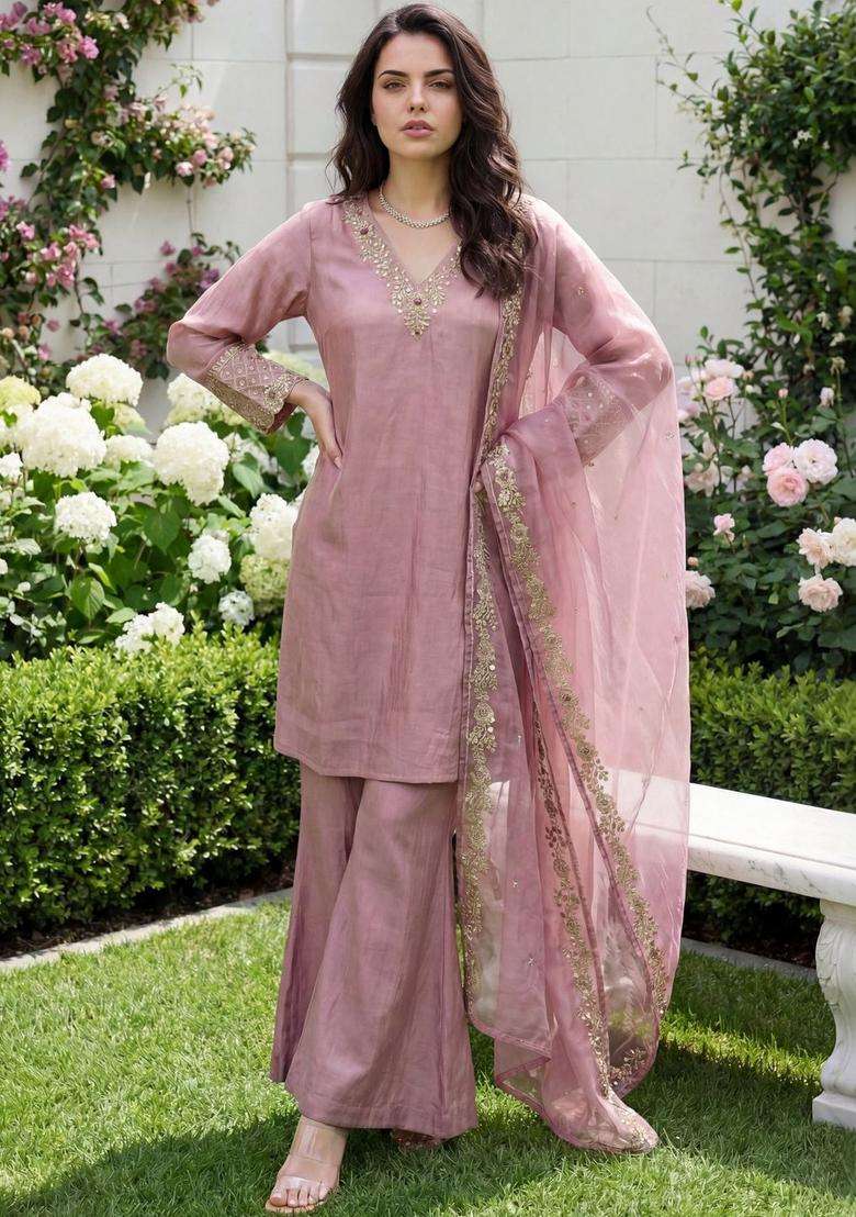 Pink Embroidered Silk Blend Kurta Sets - Indya