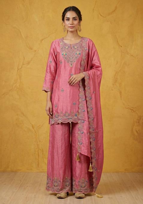 Pink Embroidered Chinon Kurta Sets