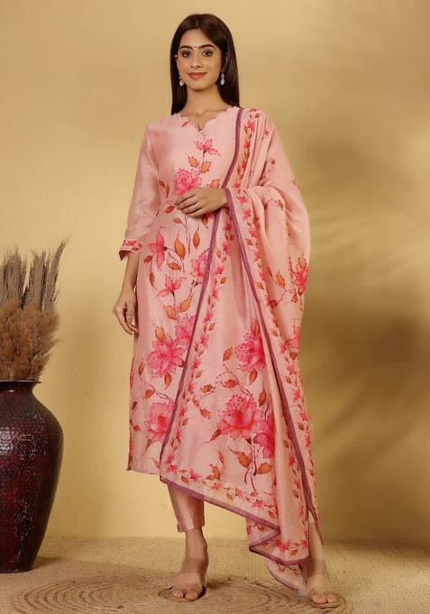 Peach Printed Silk Kurta Sets