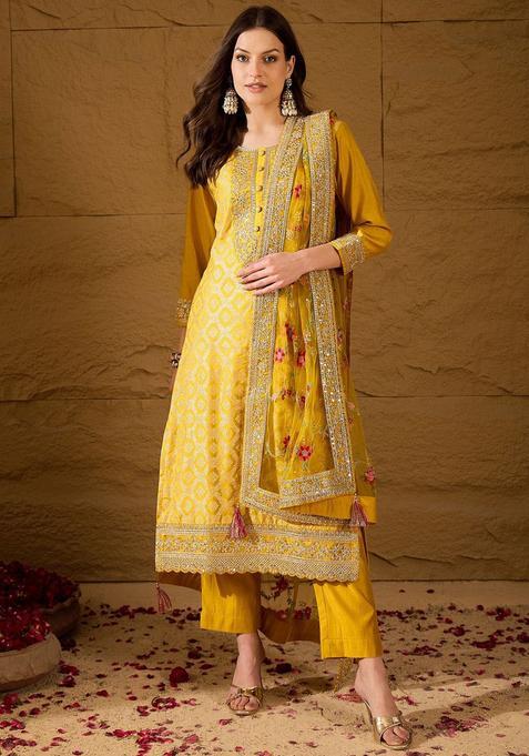 Yellow Woven Design Silk Kurta Sets