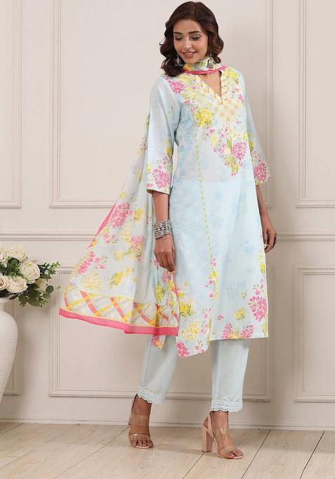 Blue Printed Cotton Kurta Sets