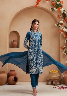 Teal Embroidered Silk Blend Kurta Sets