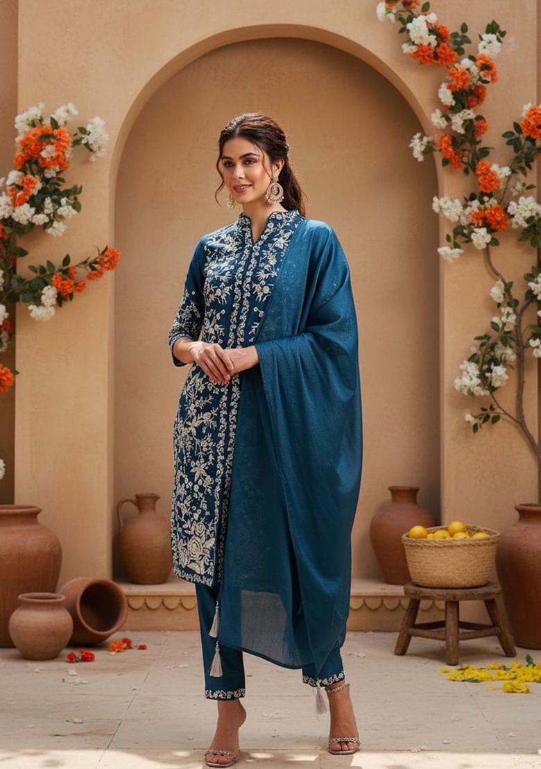 Teal Embroidered Silk Blend Kurta Sets - Indya