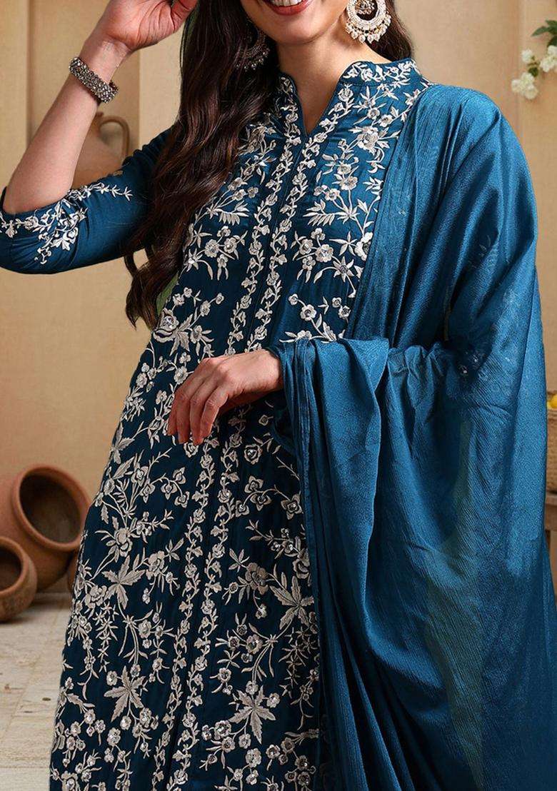 Teal Embroidered Silk Blend Kurta Sets - Indya