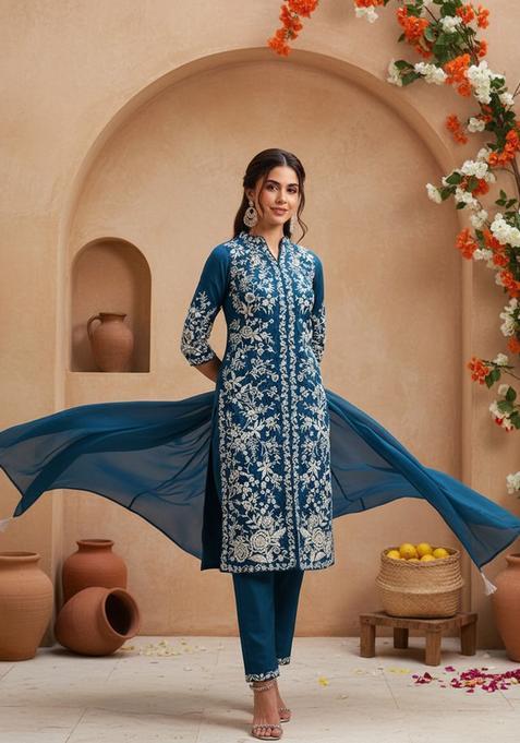 Teal Embroidered Silk Kurta Sets