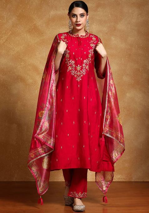 Fuchsia Embroidered Silk Kurta Sets