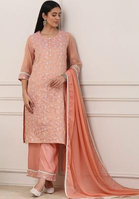 Peach Embroidered Cotton Kurta Sets