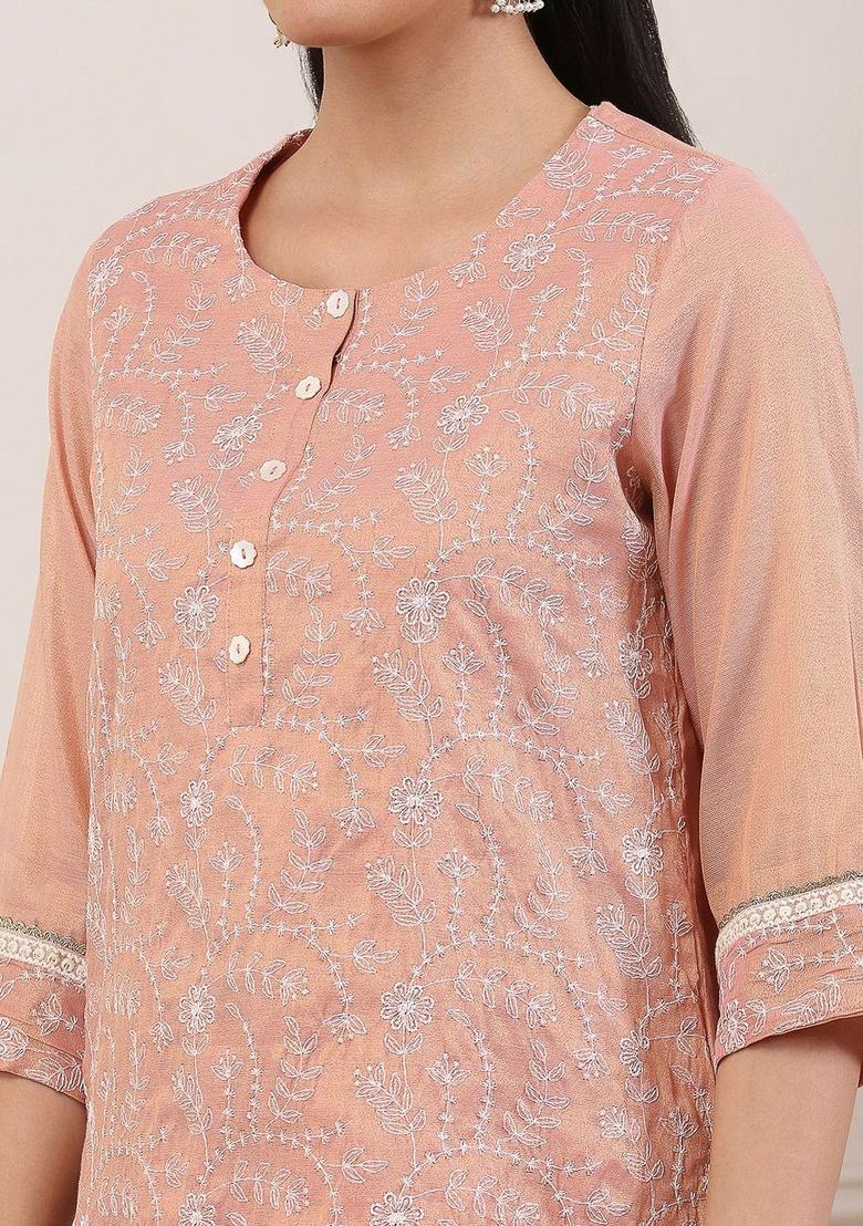 Peach Embroidered Cotton Kurta Sets - Indya