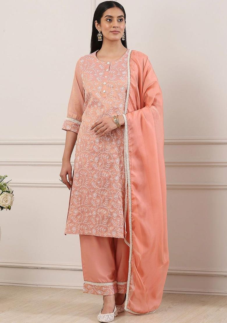 Peach Embroidered Cotton Kurta Sets - Indya