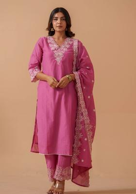 Pink Embroidered Cotton Kurta Sets