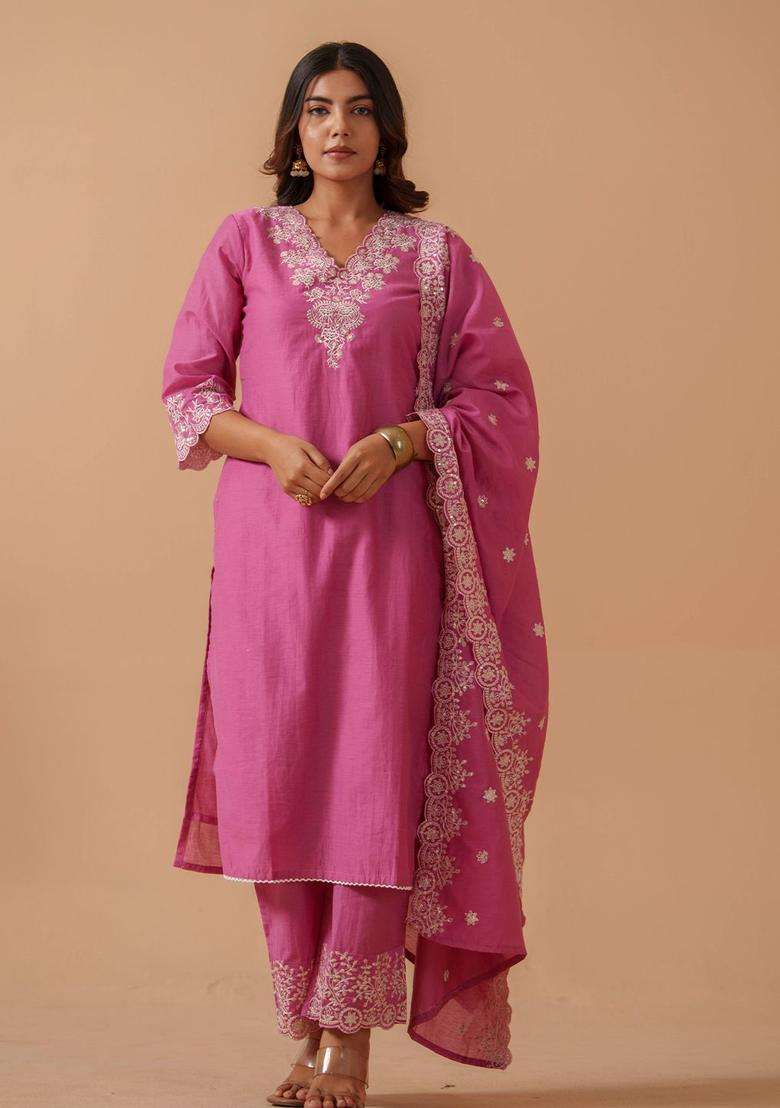 Pink Embroidered Cotton Kurta Sets - Indya