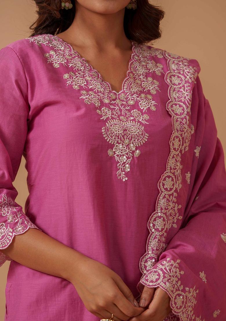 Pink Embroidered Cotton Kurta Sets - Indya
