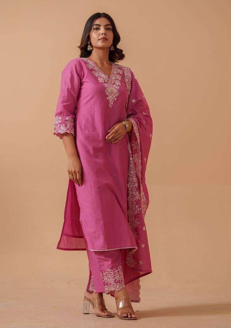 Pink Embroidered Cotton Kurta Sets - Indya