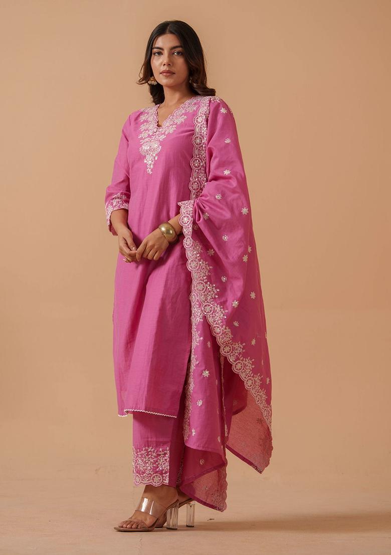 Pink Embroidered Cotton Kurta Sets - Indya