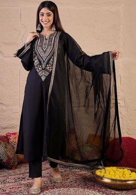 Black Yoke Design Silk Blend Kurta Sets
