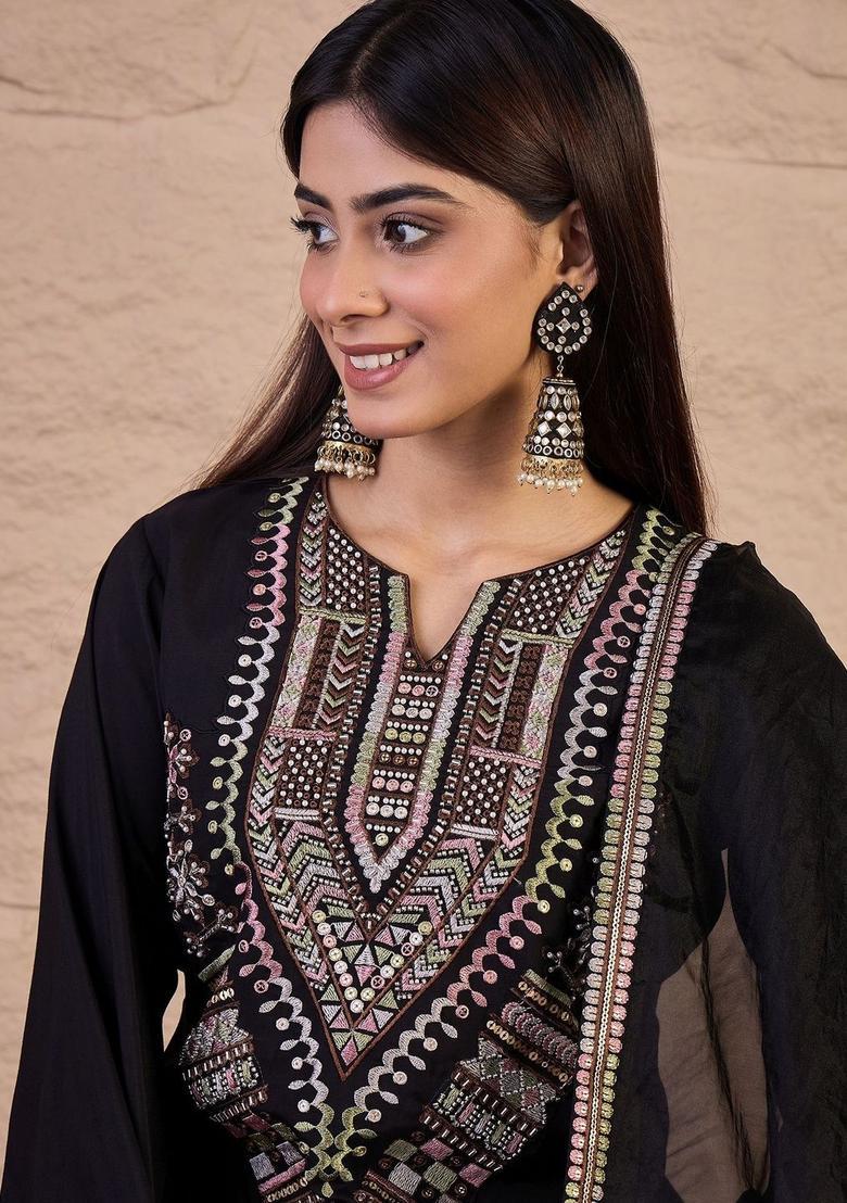 Black Yoke Design Silk Blend Kurta Sets - Indya