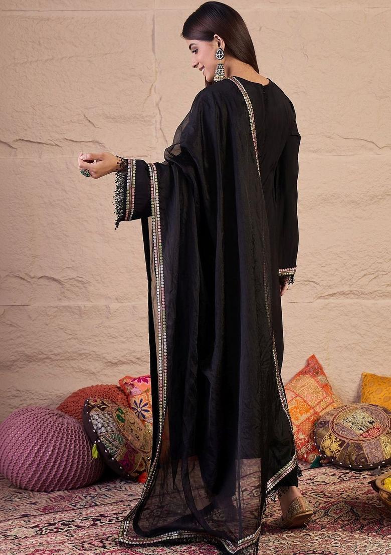 Black Yoke Design Silk Blend Kurta Sets - Indya