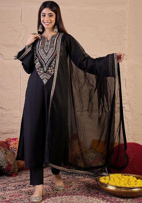 Black Yoke Design Silk Kurta Sets