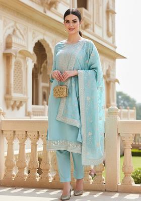 Blue Embroidered Silk Blend Kurta Sets