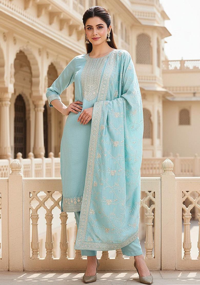 Blue Embroidered Silk Blend Kurta Sets - Indya