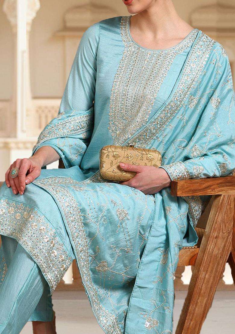 Blue Embroidered Silk Blend Kurta Sets - Indya