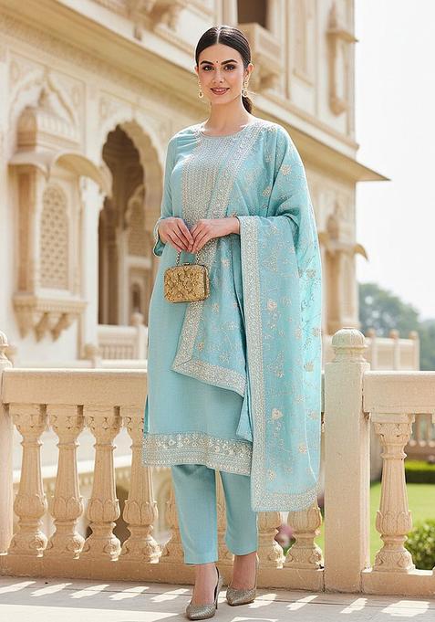 Blue Embroidered Silk Kurta Sets