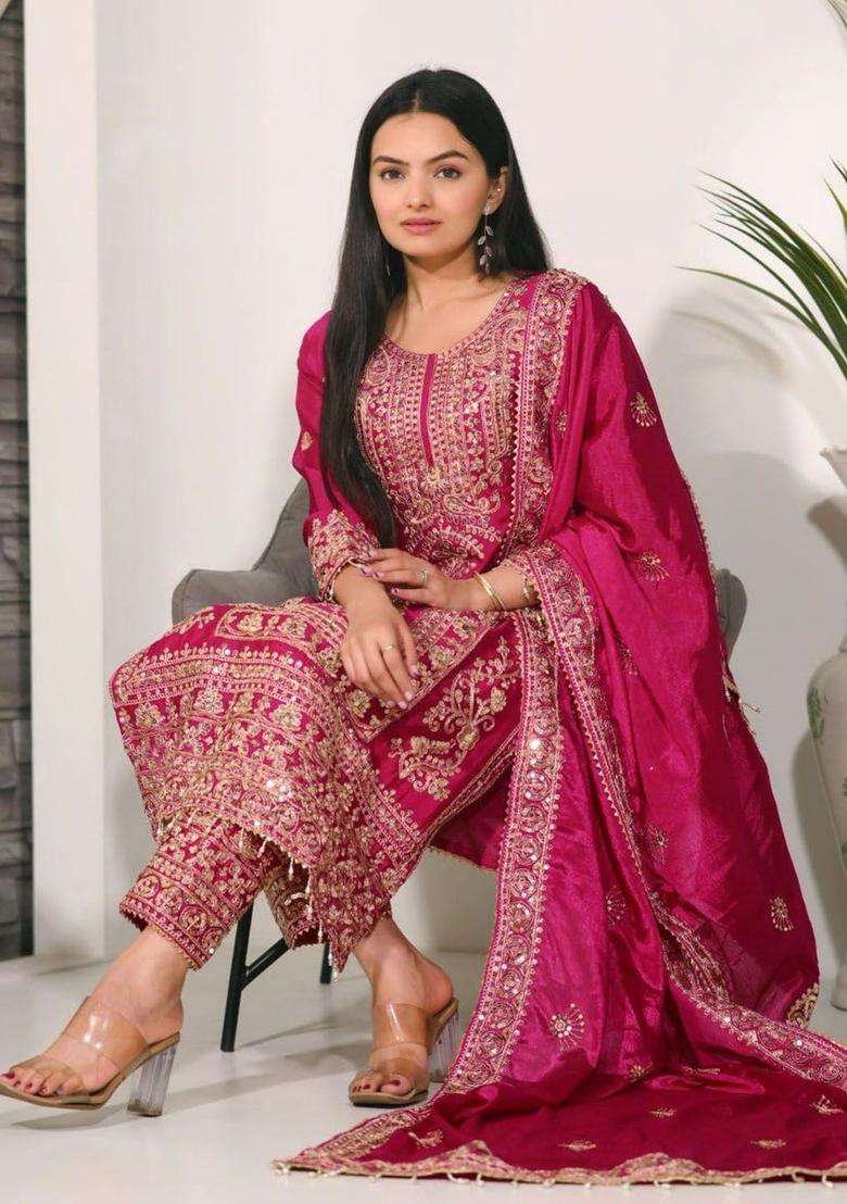 Pink Printed Chinon Kurta Sets - Indya