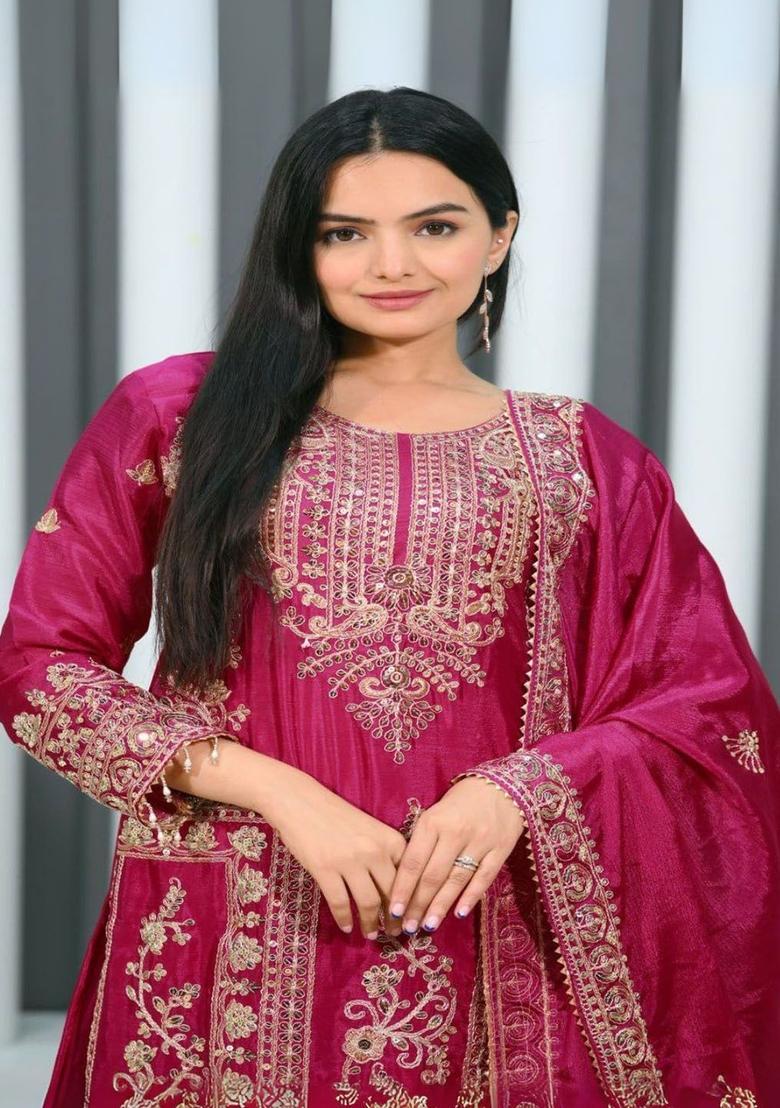 Pink Printed Chinon Kurta Sets - Indya