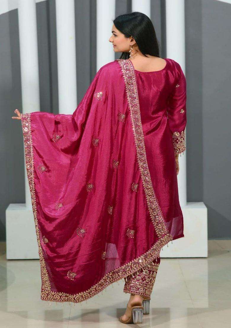 Pink Printed Chinon Kurta Sets - Indya
