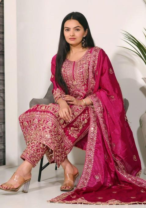 Pink Printed Chinon Kurta Sets