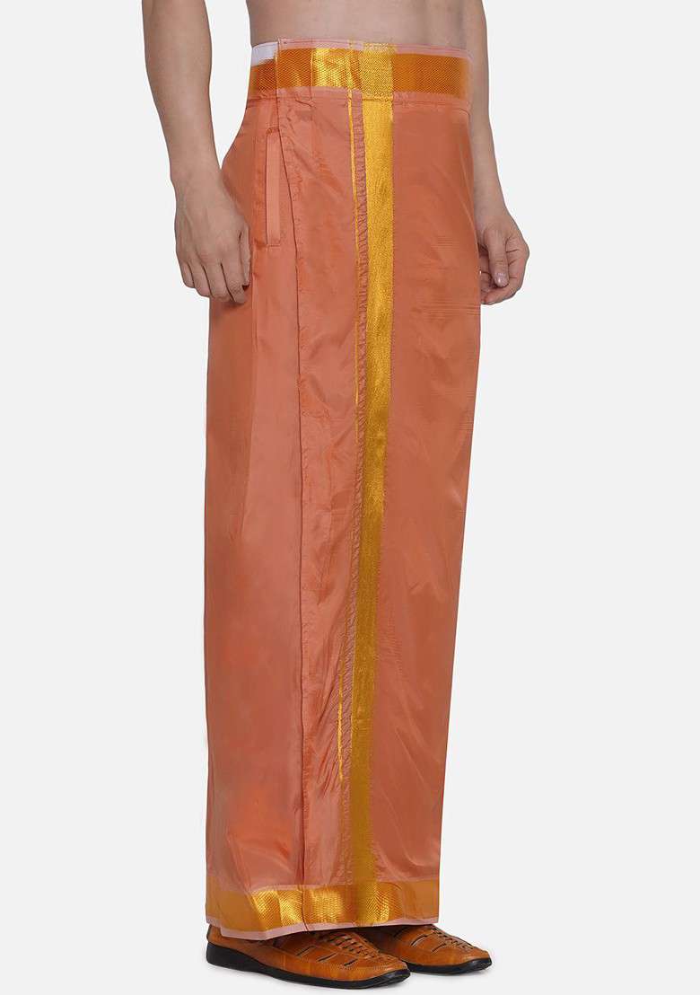 Peach Border Detail Veshti For Men - Indya