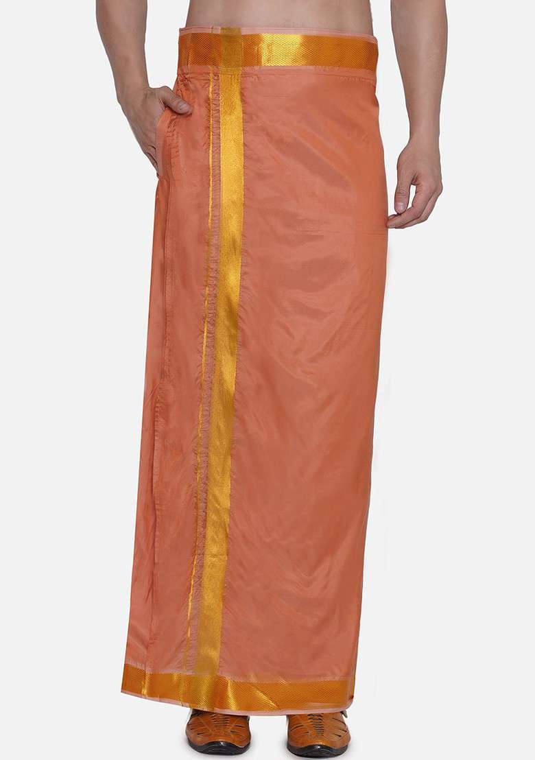 Peach Border Detail Veshti For Men - Indya